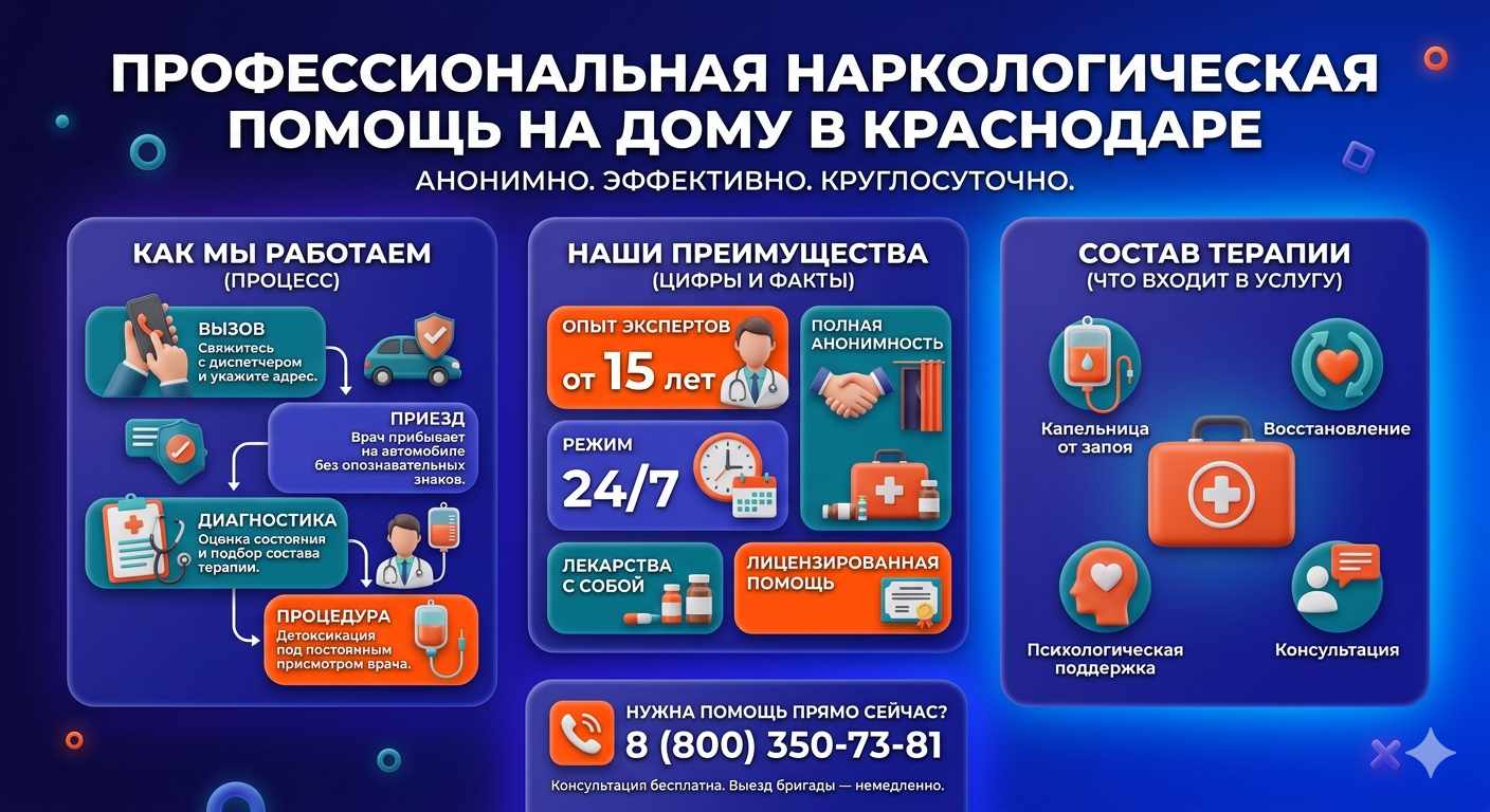 Инфографика о принципах лечения алкоголизма на дому в Кокреке: этапы вызова нарколога, преимущества анонимной детоксикации и состав медицинской помощи.